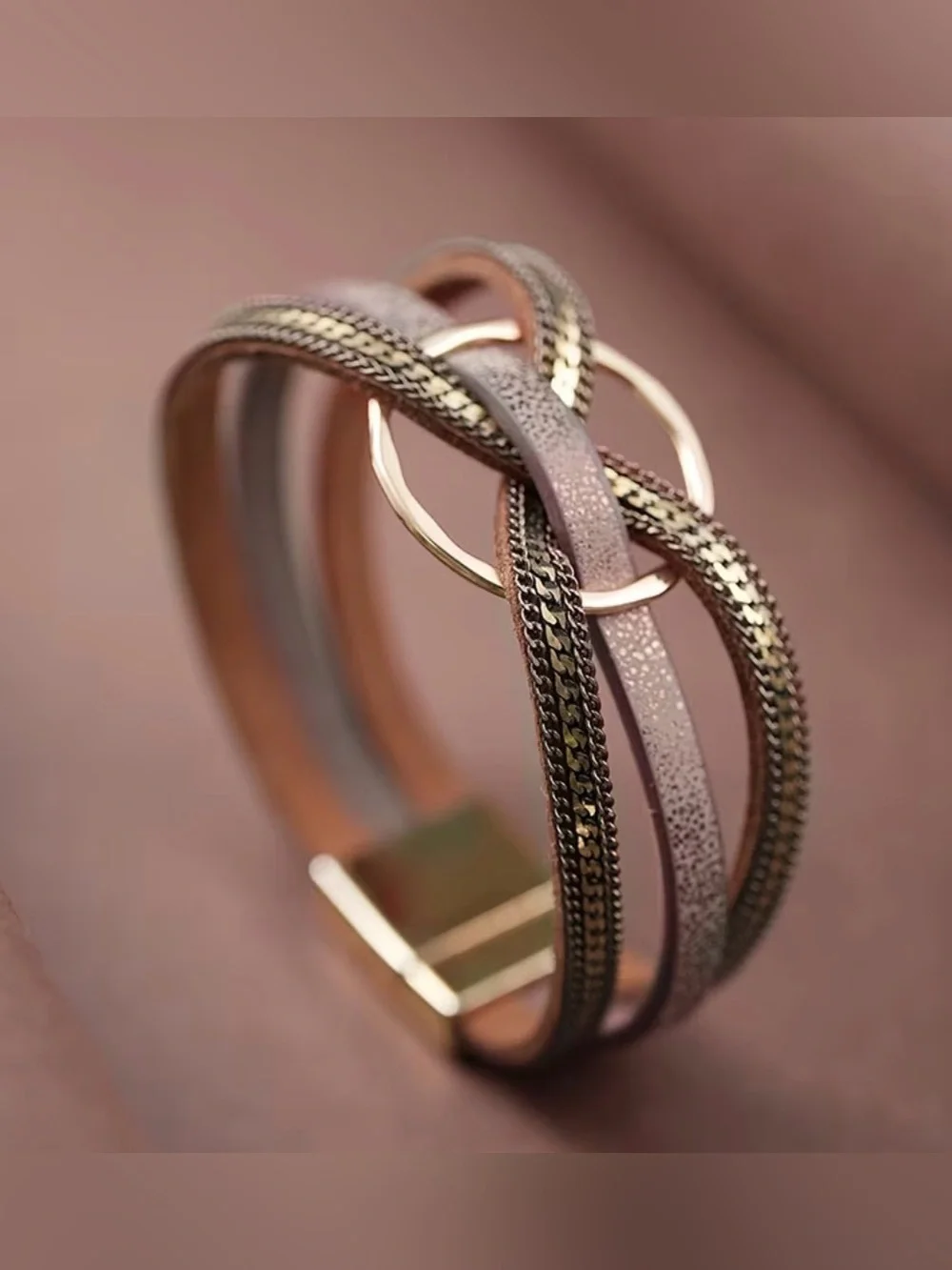 Western Rose Gold and Blush Multi-Strand PU Leather Bracelet